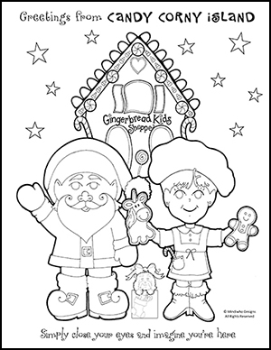 Free Coloring Artwork from Candy Corny Island with Santa, Carole Claus and the Gingerbread Kids Shoppe
